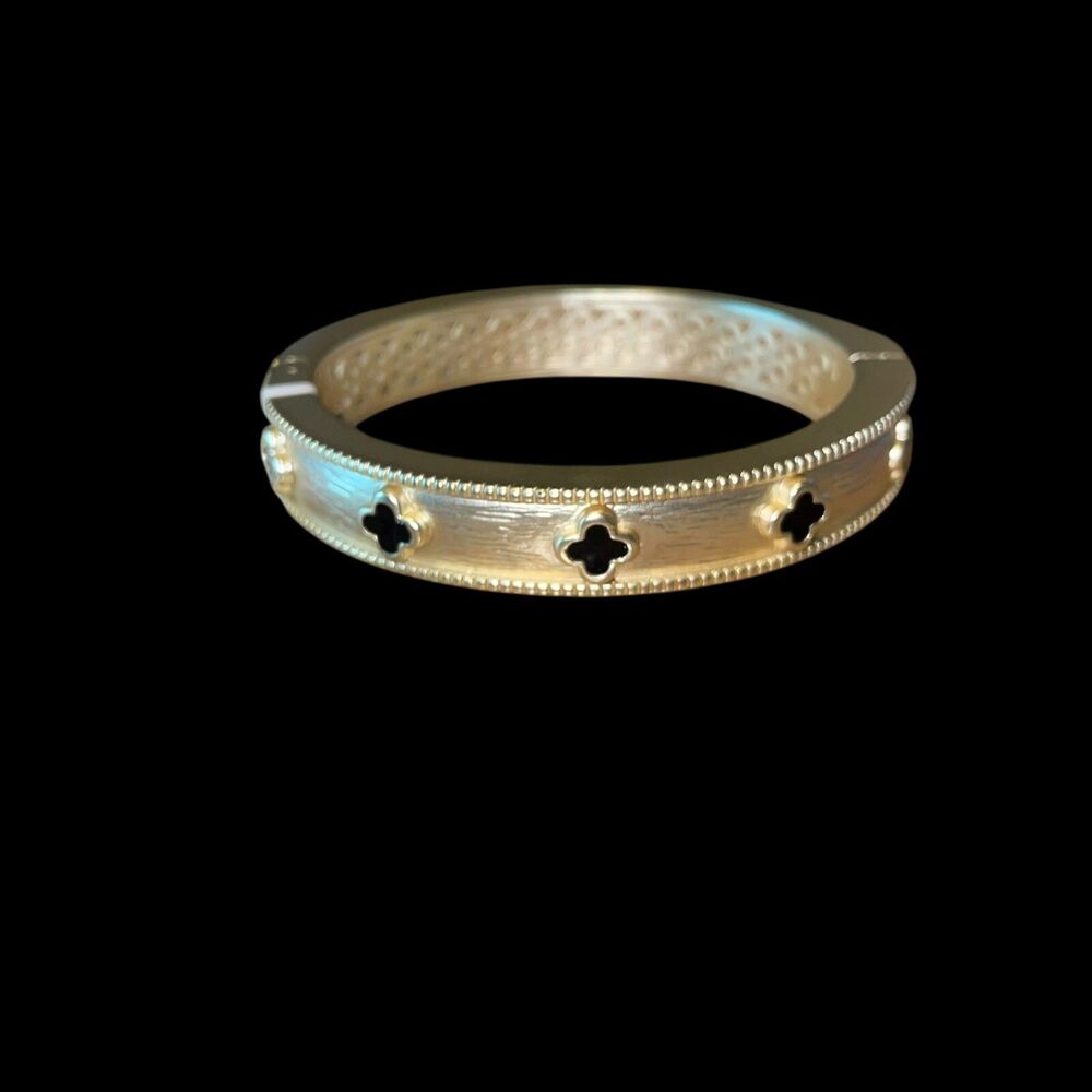 NWT Brushed Gold Tone Enamel Black Clover Hinged Bangle Bracelet - Picture 2 of 5
